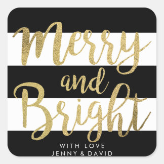 Black & White Strip "Merry & Bright" Weihnachtsges Quadratischer Aufkleber