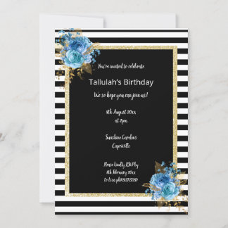 BLACK & WHITE STRIPE GLITZER FLORAL ELEGANT EINLADUNG