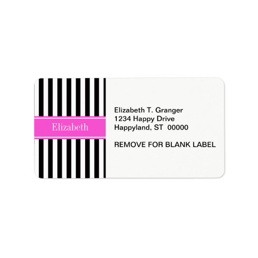 Black White Stripe Hot Pink Ribbon Name Monogram Adressaufkleber (Vorne)