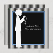 Black White Stripe Rosary Boys First Communion Einladung (Vorne/Hinten)