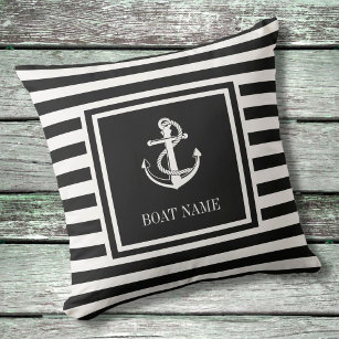 Black White Striped Nautical Anchor Boat Name Kissen