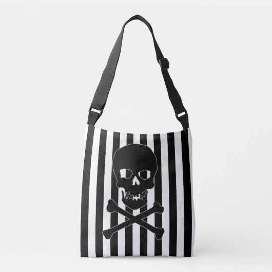 Black & White Striped Skull Bag Tragetaschen Mit Langen Trägern (Vorderseite)