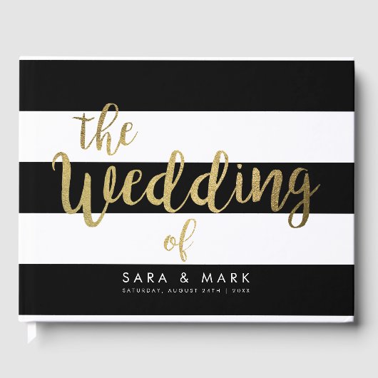 Black & White Stripes Gold Foil Wedding Gästebuch (Vorderseite)