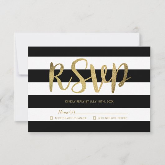 Black & White Stripes Gold Foil Wedding RSVP (Vorderseite)
