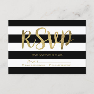 Black & White Stripes Gold Foil Wedding RSVP Karte