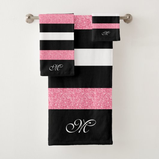 Black & White Stripes Pattern Pink Stripe Accent Badhandtuch Set (Insitu)