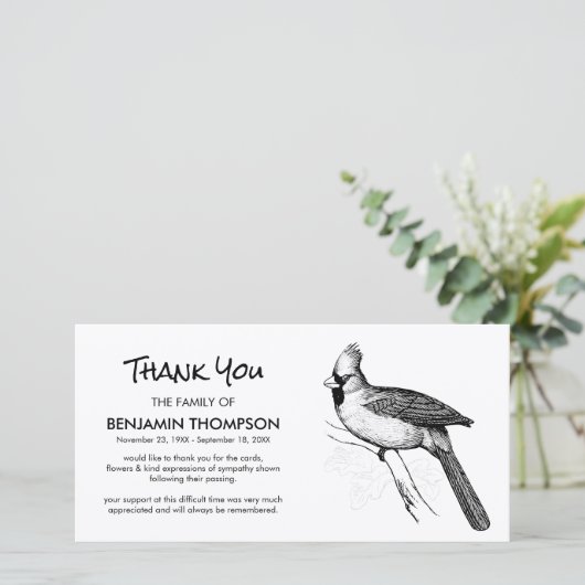 Black & White Symbolic Kardinal Beerdigung Danke (Stehend Vorderseite)