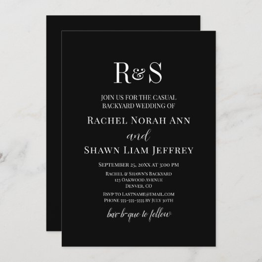 Black & White Text Monogram Backyard Wedding Einladung (Vorne/Hinten)