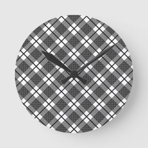Black White Thin Glen Plaid Pattern Runde Wanduhr