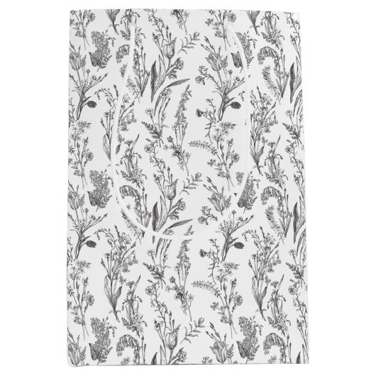 Black White Toile Elegant Floral Mittlere Geschenktüte (Vorderseite)
