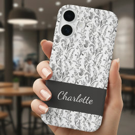 Black White Toile Floral Custom Name iPhone 16 Hülle