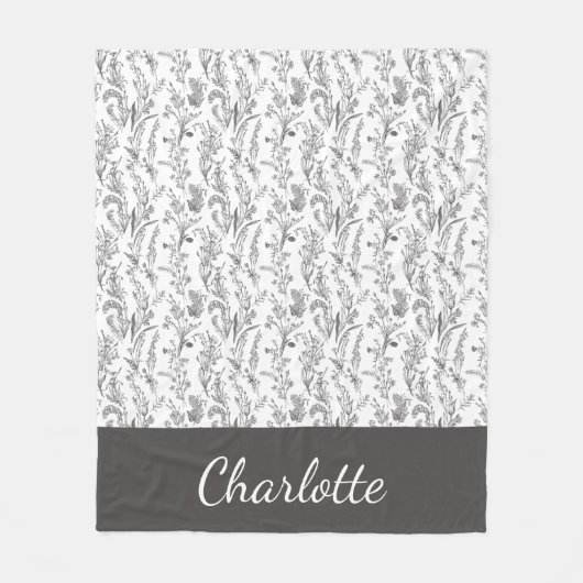 Black White Toile Floral Custom Name Fleecedecke (Vorderseite)