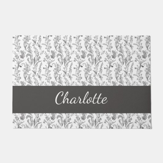 Black White Toile Floral Custom Name Fußmatte (Vorderseite)