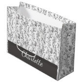 Black White Toile Floral Custom Name Große Geschenktüte (Vorderseite Schrägansicht)