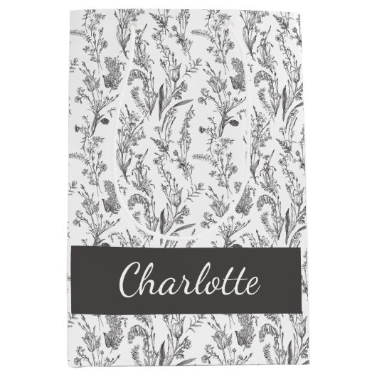 Black White Toile Floral Custom Name Mittlere Geschenktüte (Vorderseite)