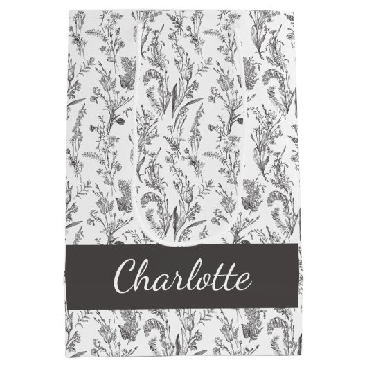 Black White Toile Floral Custom Name Mittlere Geschenktüte (Rückseite)