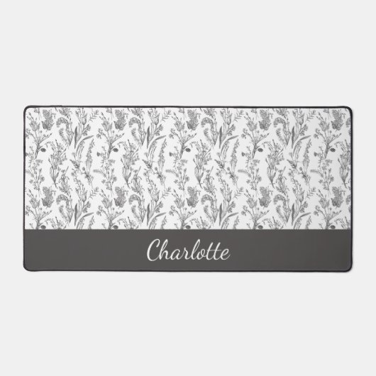 Black White Toile Floral Custom Name Schreibtischunterlage (Vorderseite)
