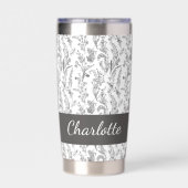 Black White Toile Floral Custom Name Thermobecher (Rückseite)