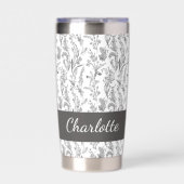 Black White Toile Floral Custom Name Thermobecher (Vorderseite)