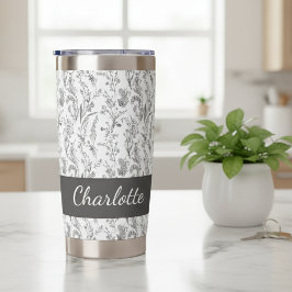 Black White Toile Floral Custom Name Thermobecher