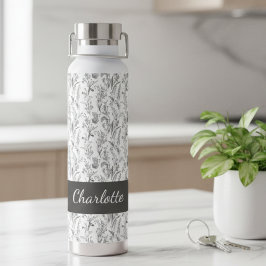 Black White Toile Floral Custom Name Trinkflasche
