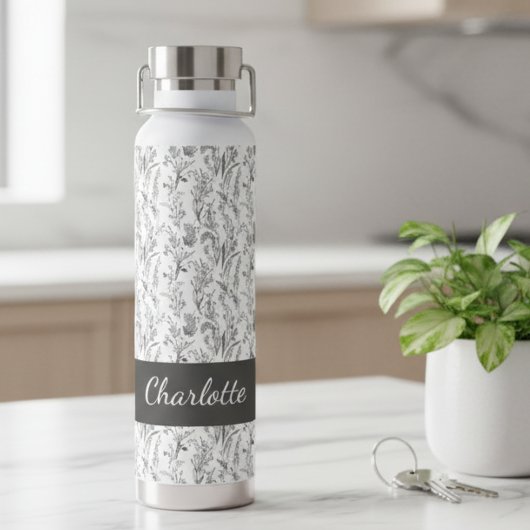 Black White Toile Floral Custom Name Trinkflasche