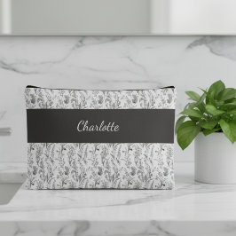 Black White Toile Floral Custom Name Zubehörtasche