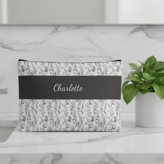 Black White Toile Floral Custom Name Zubehörtasche