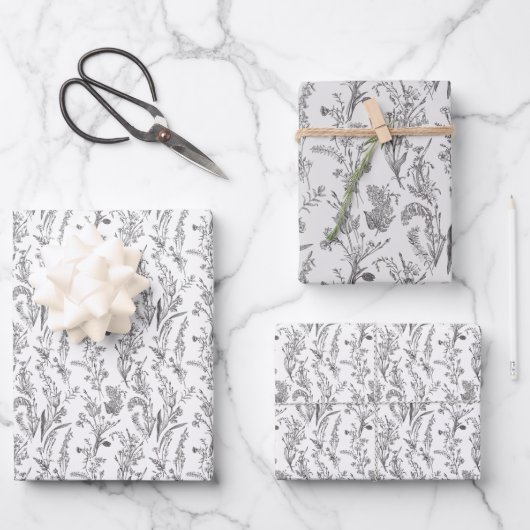 Black White Toile Floral Elegant Geschenkpapier Set (Vorderseite)