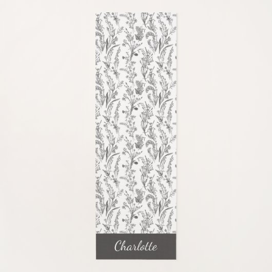 Black White Toile Floral Pattern Custom Name Yogamatte (Vorderseite)