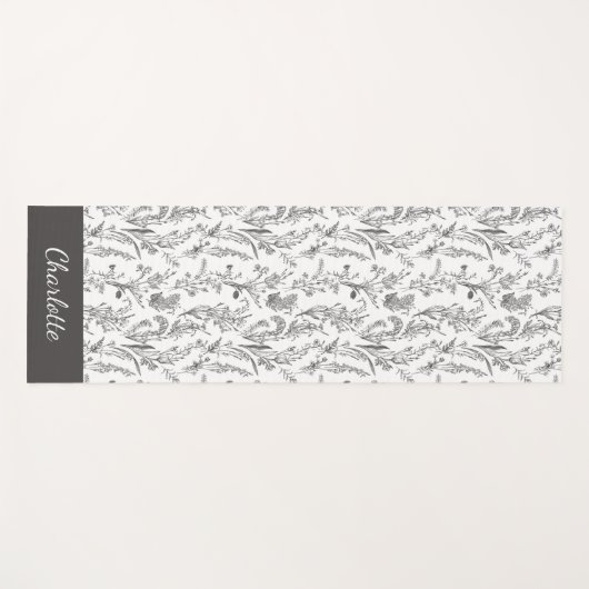 Black White Toile Floral Pattern Custom Name Yogamatte (Vorderseite (Horizontal))