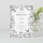 Black & White Toile Vintage Wedding Einladung (Stehend Vorderseite)