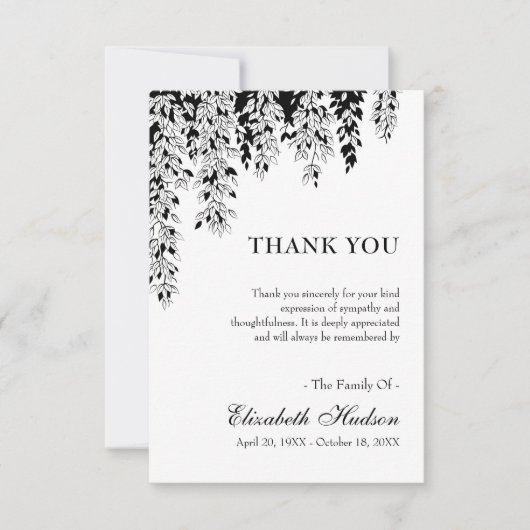 Black White Tree Branch Bereavement Funeral Dankeskarte (Vorderseite)