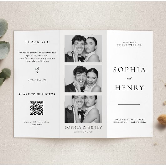 Black White Tri Fold Wedding Program QR Code Flyer
