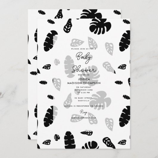 Black & White Tropical Summer Blätter Babydusche Einladung (Vorne/Hinten)