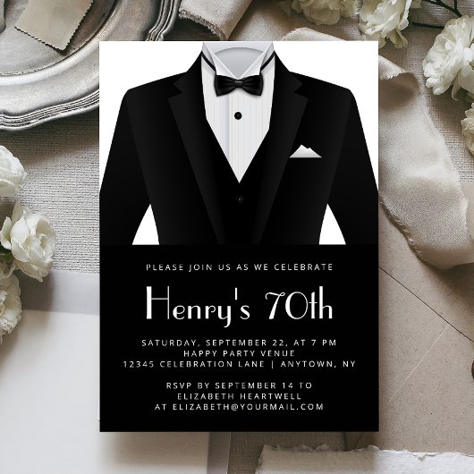 Black White Tuxedo Mens 70th Birthday Party Einladung