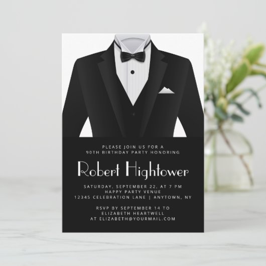 Black White Tuxedo Mens Birthday Party Einladung (Stehend Vorderseite)