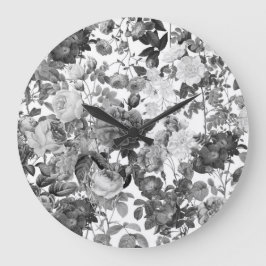 Black  White Vintage Floral  Große Wanduhr