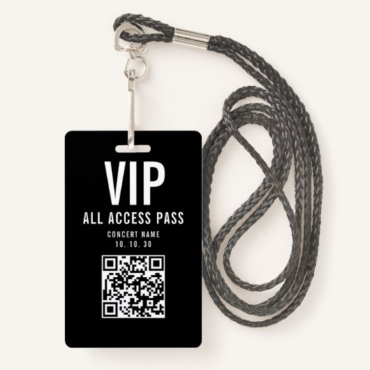 Black White VIP All Access Pass QR Code Concert Ausweis (Vorderseite mit Schlüsselband)