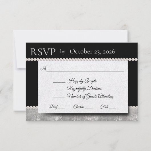 Black & White Wedding Elegance Pearls RSVP Karte (Vorderseite)