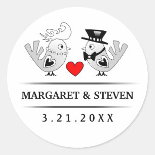 Black & White Wedding Love Birds Rotes Herz Runder Aufkleber