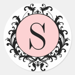 Black White Wedding Monogram S Damask Pink Label Runder Aufkleber