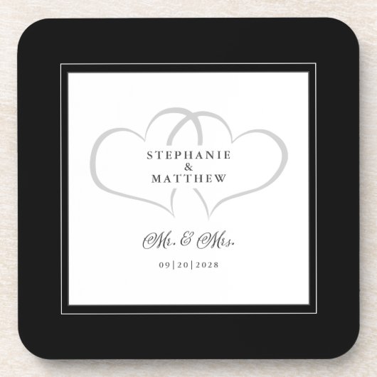 Black & White Wedding Mr & Mrs. Elegant Chic Heart Getränkeuntersetzer (Vorderseite)