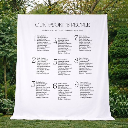 Black White Wedding Seating Chart Fabric 9 Tables Wandteppich