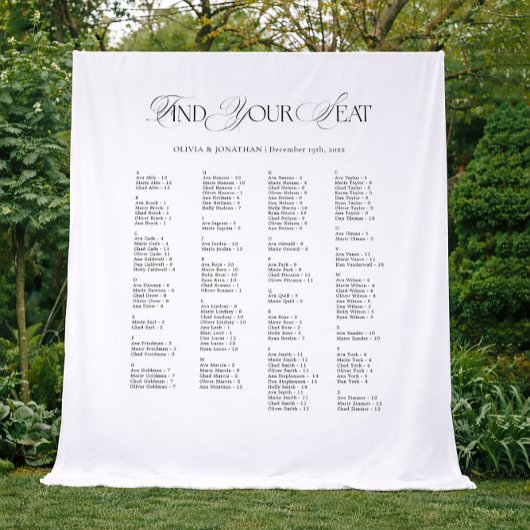 Black & White Wedding Seating Chart Fabric  Wandteppich