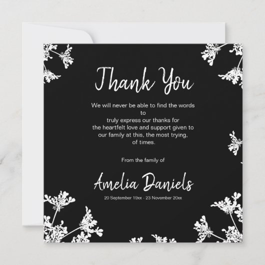 Black & White Wildblume Beerdigung Danke Karte (Vorderseite)