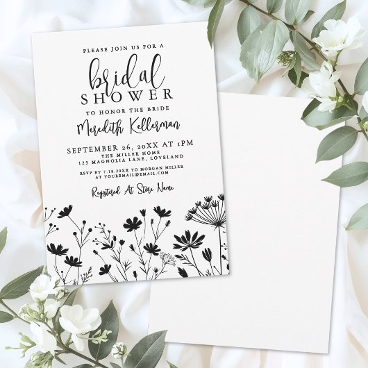 Black White Wildflower Bridal Shower Einladung