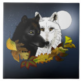 Black White Wolves Moonlight Autumn Leaves Fliese (Vorderseite)