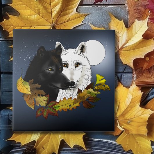 Black White Wolves Moonlight Autumn Leaves Fliese