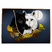 Black White Wolves Moonlight Autumn Leaves Große Geschenktüte (Rückseite)